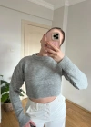 Bisiklet Yaka Gri Crop Kazak