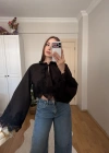 Dantel Detaylı Siyah Poplin Crop Bluz