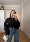 Dantel Detaylı Siyah Poplin Crop Bluz