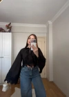 Dantel Detaylı Siyah Poplin Crop Bluz