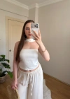 Fular Detaylı Saten Beyaz Crop Bluz