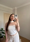 Fular Detaylı Saten Beyaz Crop Bluz