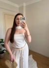 Fular Detaylı Saten Beyaz Crop Bluz