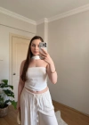 Fular Detaylı Saten Beyaz Crop Bluz