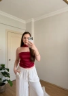 Fular Detaylı Saten Kırmızı Crop Bluz