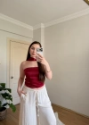Fular Detaylı Saten Kırmızı Crop Bluz