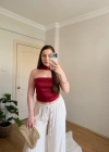 Fular Detaylı Saten Kırmızı Crop Bluz