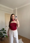 Fular Detaylı Saten Kırmızı Crop Bluz