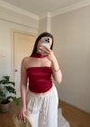 Fular Detaylı Saten Kırmızı Crop Bluz