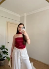 Fular Detaylı Saten Kırmızı Crop Bluz