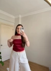 Fular Detaylı Saten Kırmızı Crop Bluz