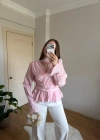 Fularlı Vatkalı Bele Oturan Pembe Bluz