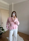 Fularlı Vatkalı Bele Oturan Pembe Bluz