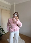 Fularlı Vatkalı Bele Oturan Pembe Bluz