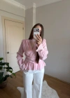 Fularlı Vatkalı Bele Oturan Pembe Bluz