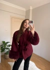 Kuşaklı Kolları Kürklü Bordo Kaban