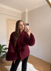Kuşaklı Kolları Kürklü Bordo Kaban