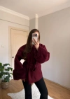 Kuşaklı Kolları Kürklü Bordo Kaban