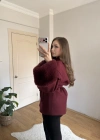 Kuşaklı Kolları Kürklü Bordo Kaban