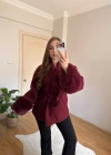 Kuşaklı Kolları Kürklü Bordo Kaban