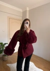 Kuşaklı Kolları Kürklü Bordo Kaban