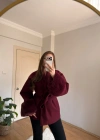 Kuşaklı Kolları Kürklü Bordo Kaban