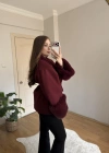 Kuşaklı Kolları Kürklü Bordo Kaban
