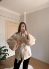 Kuşaklı Kolları Kürklü Krem Kaban