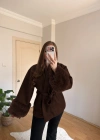 Kuşaklı Kolları Kürklü Kahve Kaban