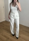 Pileli Beyaz Palazzo Pantolon