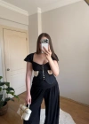 Piliseli Siyah Beyaz Korse Bluz
