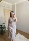 Puantiyeli Beli Ayarlanabilir Saten Elbise