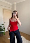 Yan Yırtmaçlı Halter Yaka Kırmızı Top