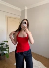 Yan Yırtmaçlı Halter Yaka Kırmızı Top