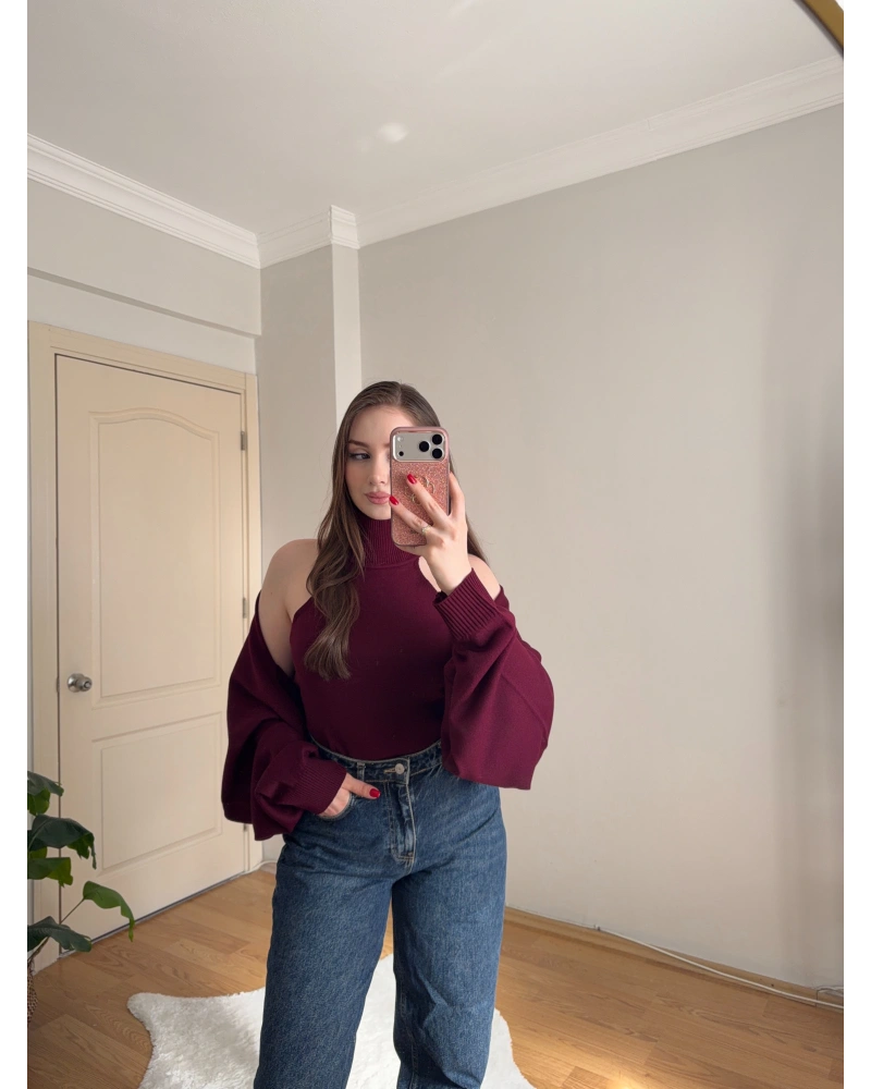Bolero Detaylı İkili Bordo Triko Bluz