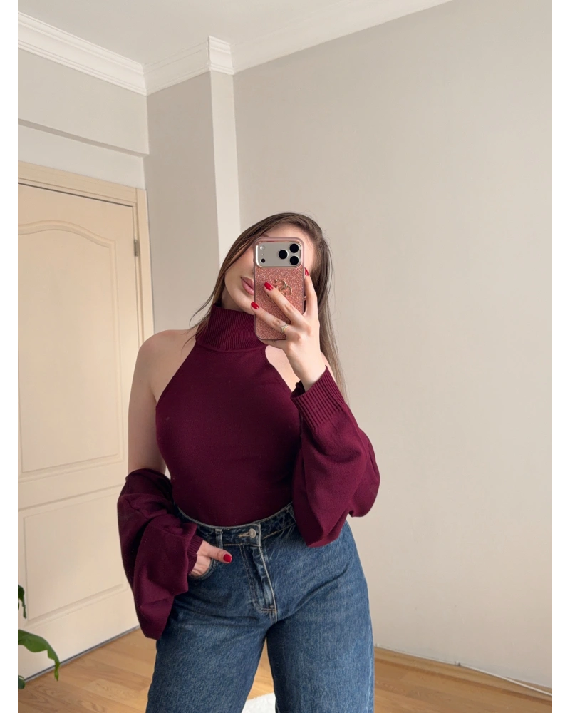 Bolero Detaylı İkili Bordo Triko Bluz