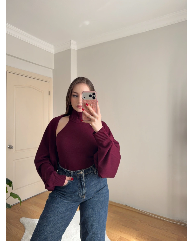 Bolero Detaylı İkili Bordo Triko Bluz