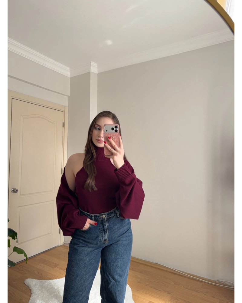 Bolero Detaylı İkili Bordo Triko Bluz