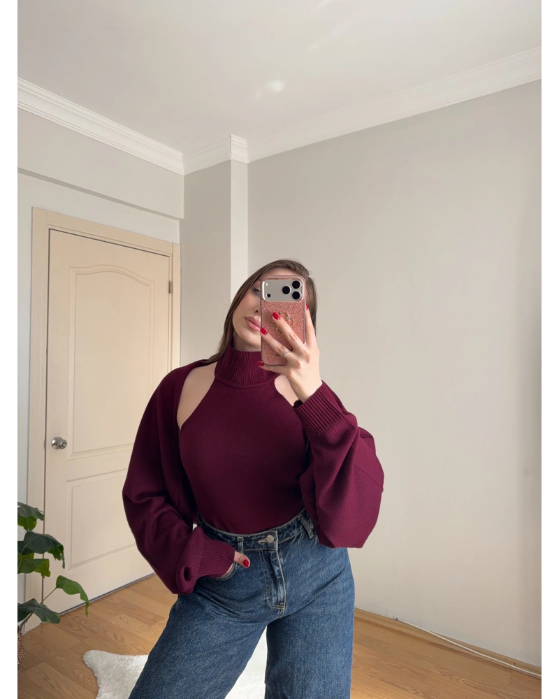 Bolero Detaylı İkili Bordo Triko Bluz