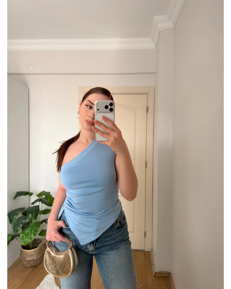 Mavi Tek Kol Örme Bluz