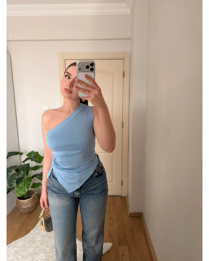 Mavi Tek Kol Örme Bluz