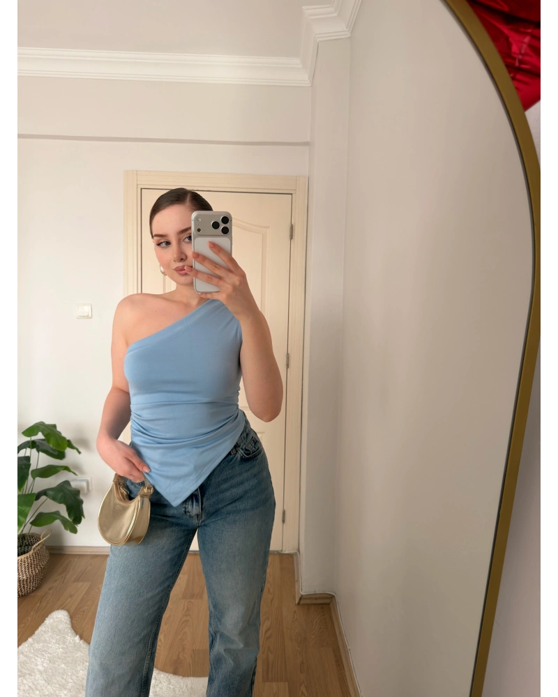 Mavi Tek Kol Örme Bluz