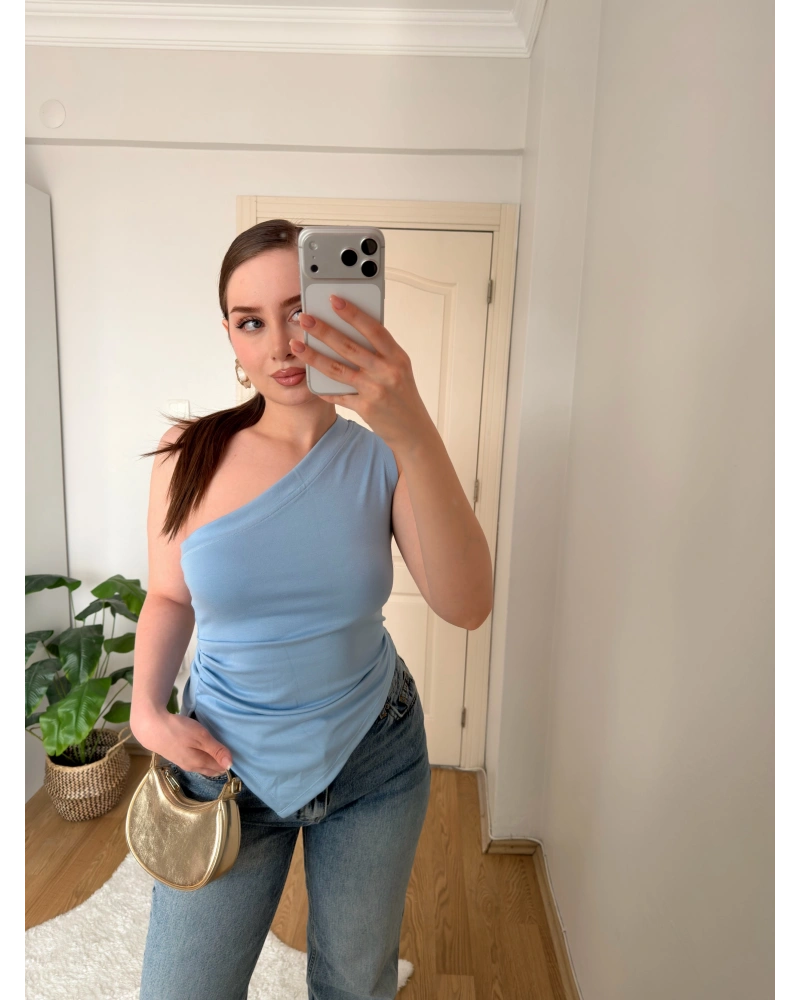Mavi Tek Kol Örme Bluz