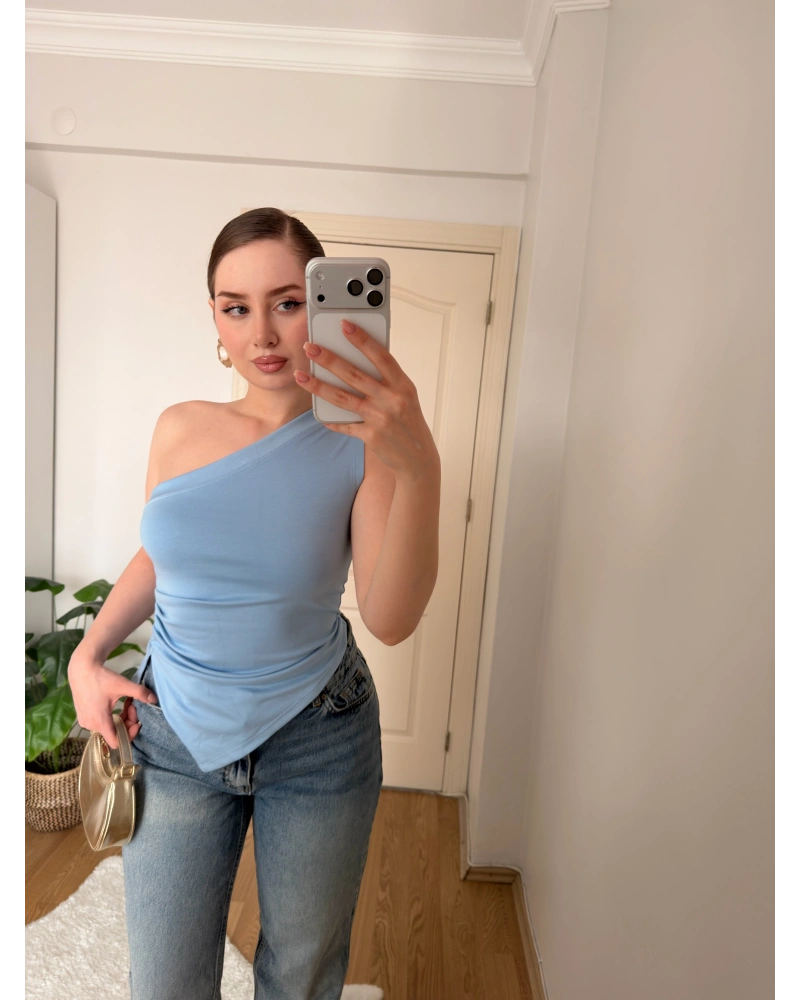 Mavi Tek Kol Örme Bluz