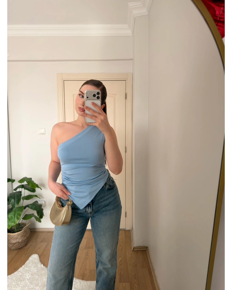 Mavi Tek Kol Örme Bluz