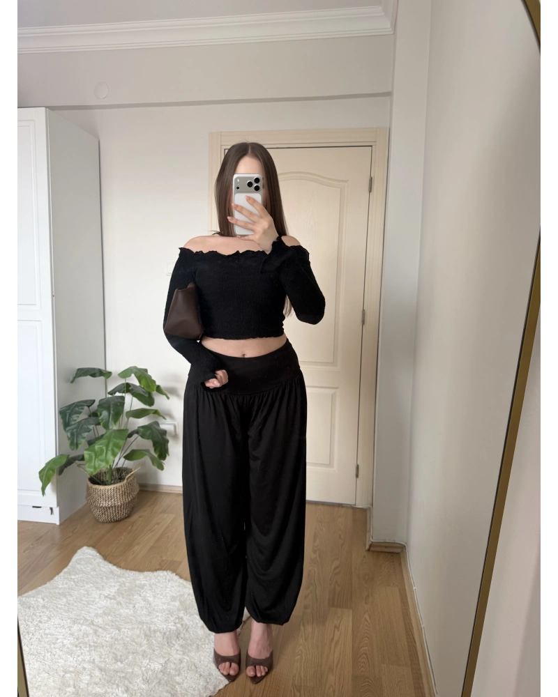 Beli Korsajlı Siyah Şalvar Pantolon