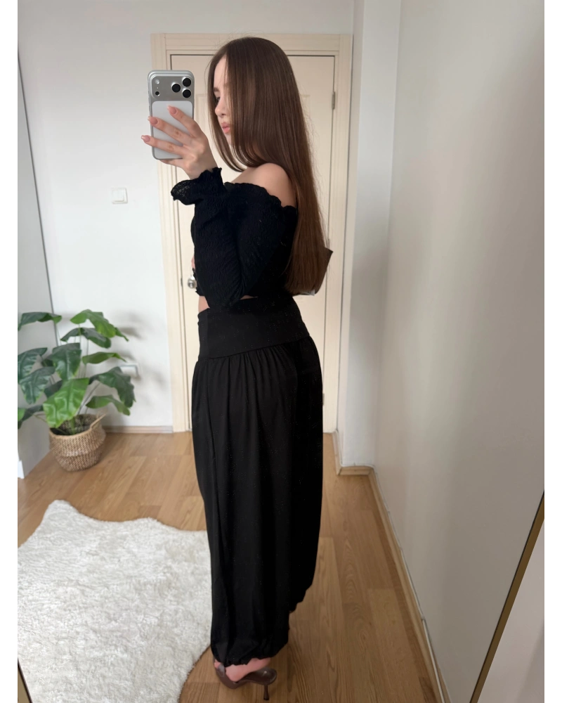 Beli Korsajlı Siyah Şalvar Pantolon