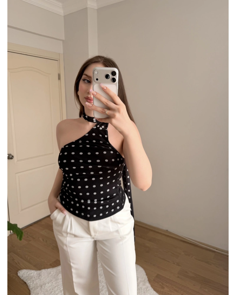 Puantiye Desenli Fularlı Tül Bluz