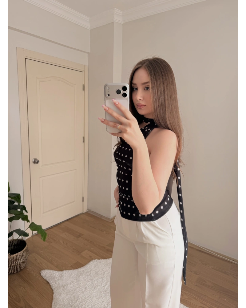 Puantiye Desenli Fularlı Tül Bluz