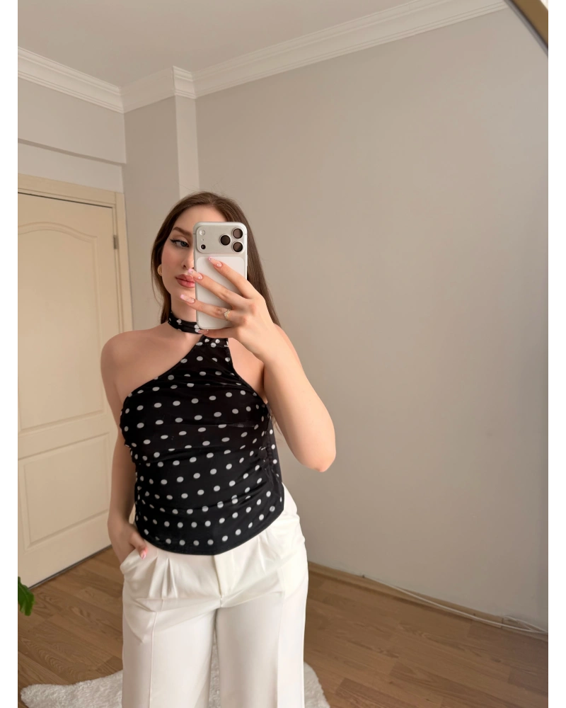 Puantiye Desenli Fularlı Tül Bluz